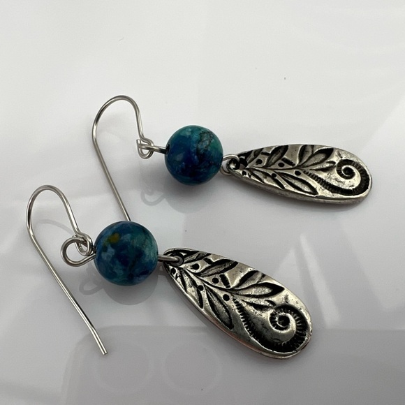 BLUE Peacock Turquoise Earrings with Teardrop Silver Charms - Picture 6 of 12